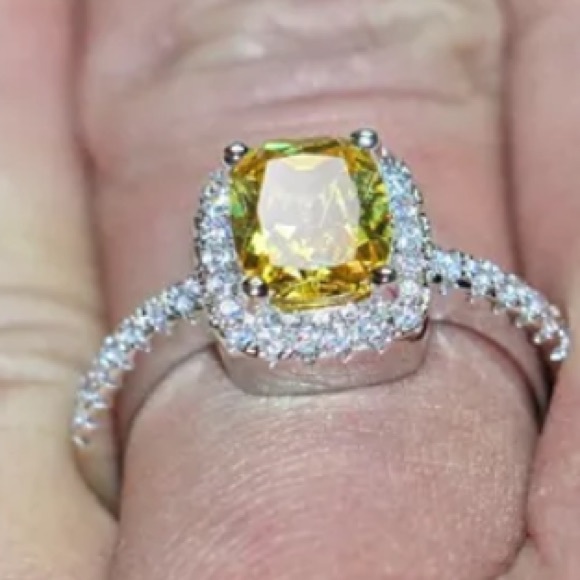 Citrine Rectangular Diamond Halo Silver Ring - Picture 6 of 7